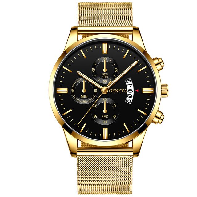 【XmasSale】Men Watch leather strap Metal strap Stainless Steel Good Quartz Luxury Male Wrist watch Fashion Business Date display Valentines Gift Gold case, black dial, gold scale, gold strap（Metal ）