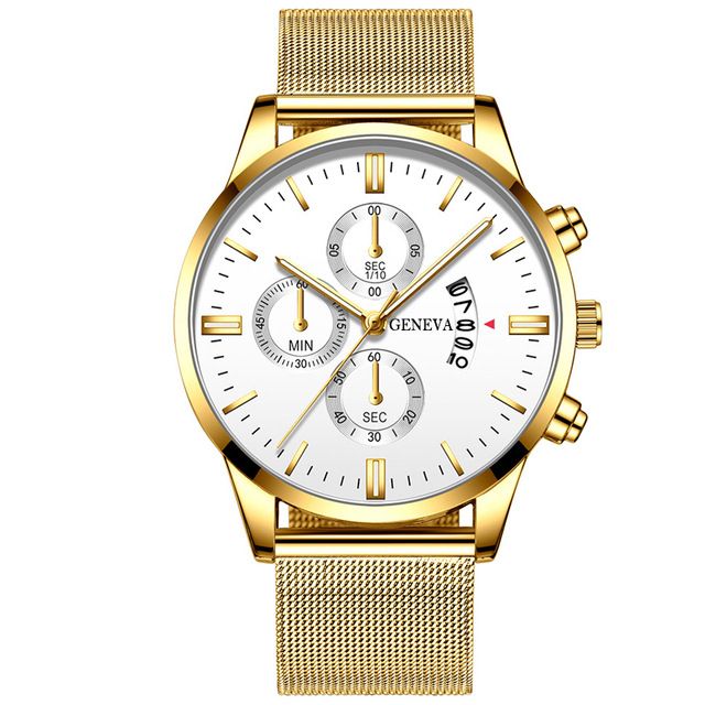 【BLACK FRIDAY】Men Watch leather strap Metal strap Stainless Steel Good Quartz Luxury Male Wrist watch Fashion Business Date display Valentines Gift Gold case, white dial, gold scale, gold strap（Metal ）