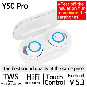 Y50 Pro Wireless Bluetooth Earphones TWS Stereo Earpods In-ear bilateral stereo Bluetooth headphones Noise-canceling headphones Touch Control AirPods 450mAh with Mic Earphones for iOS & Android White