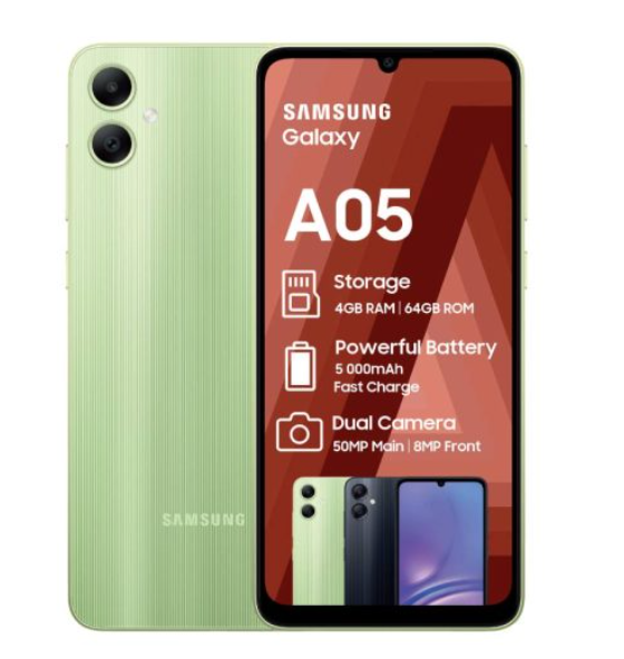 Samsung Galaxy A05 64GB Rom 4GB Ram 6.7 Inches 5000mAh 50MP + 2MP Real Camera Android 14 Smart Mobile Phone.