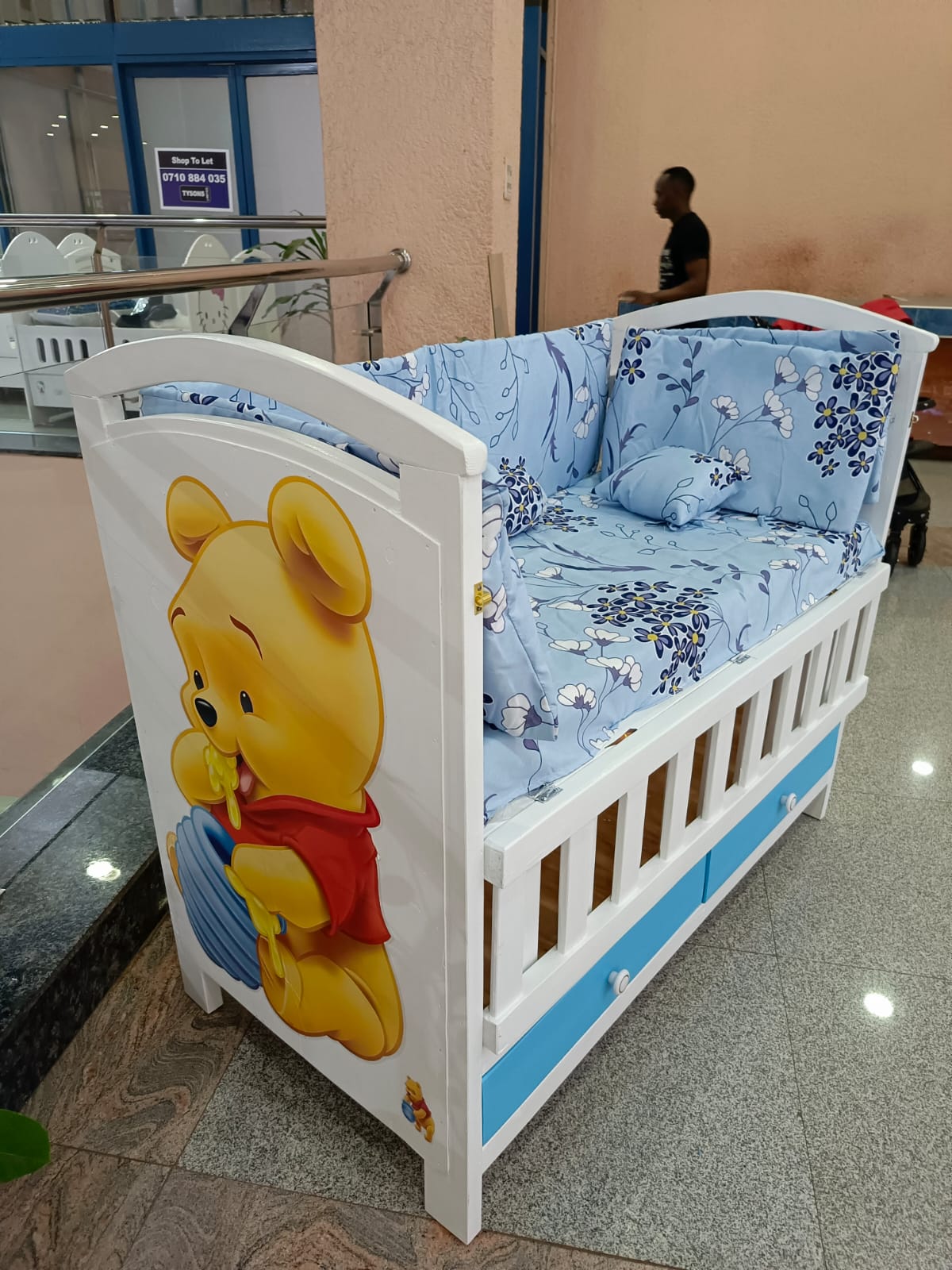 Baby Wooden Bed With Mattress And Cot Bumper-Blue theme(variety of prints)