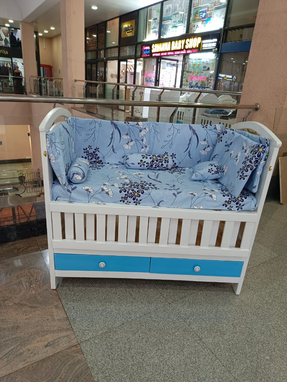 Baby Wooden Bed With Mattress And Cot Bumper-Blue theme(variety of prints)