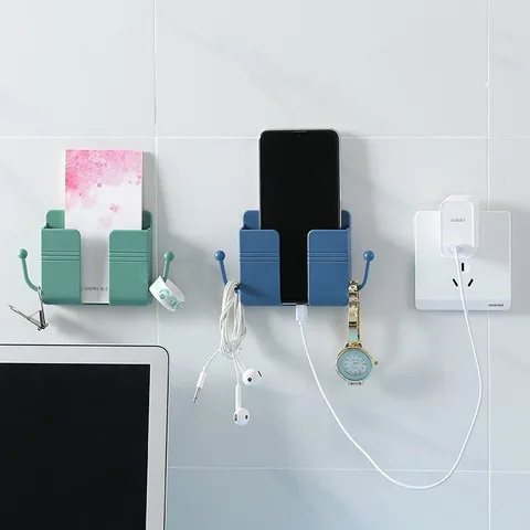 Wall Mobile Phone Holder Plug Charging Stand Remote Control Storage Box Bracket Punch-Free Mounted Organizer