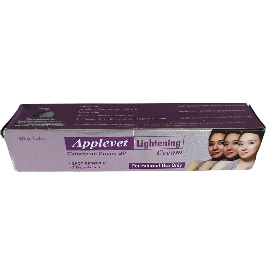 Applevet Skin Lightening & Spot Remover Cream. Lightens, Moisturizes, Fades dark Spots, Marks, Scars, Blemishes, Impercetions, Treats Psoriasis, Eczema, & Lichen planus