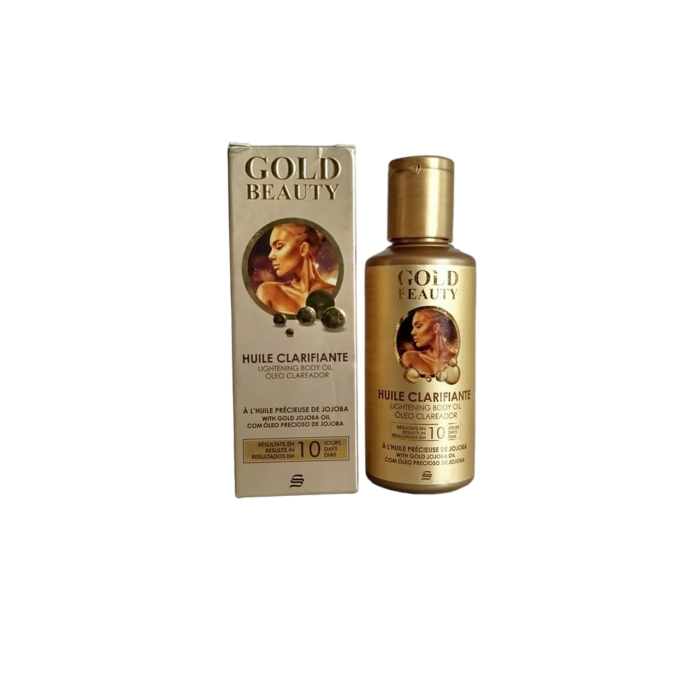 Gold Beauty Skin Lightening Body Oil with Gold Jojoba Oil. Moisturizes, Lightens, Firms, Fades dark spots, scars, Stains, marks, Blemishes, imperfections, Smooths, Softens, Glows, Brightens & Evens