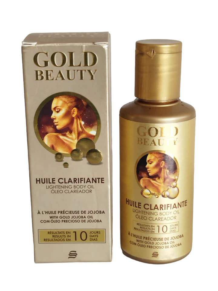 Gold Beauty Skin Lightening Body Oil with Gold Jojoba Oil. Moisturizes, Lightens, Firms, Fades dark spots, scars, Stains, marks, Blemishes, imperfections, Smooths, Softens, Glows, Brightens & Evens
