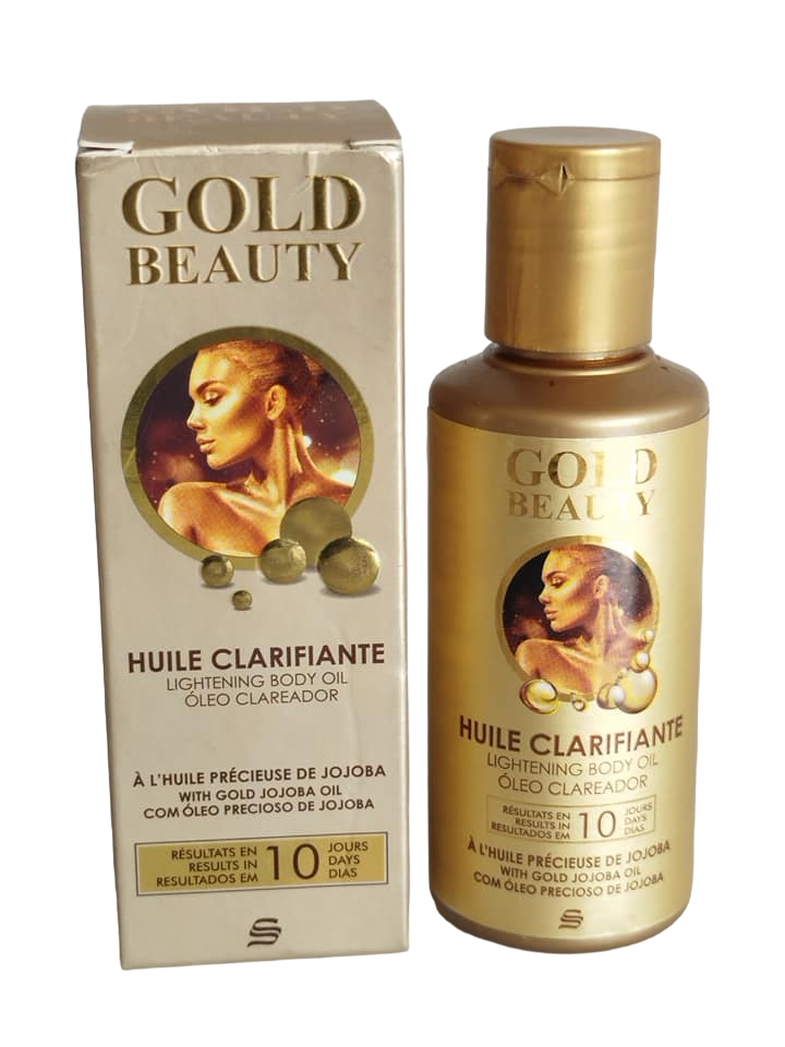 Gold Beauty Skin Lightening Body Oil with Gold Jojoba Oil. Moisturizes, Lightens, Firms, Fades dark spots, scars, Stains, marks, Blemishes, imperfections, Smooths, Softens, Glows, Brightens & Evens