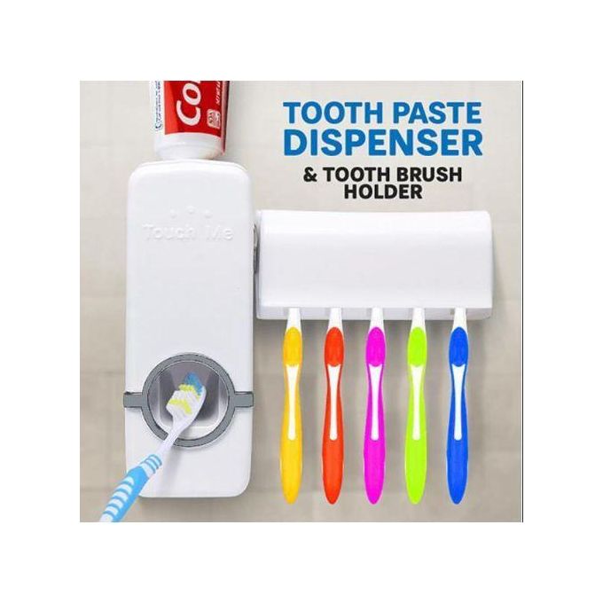 Toothpaste dispenser with 5 brush holder