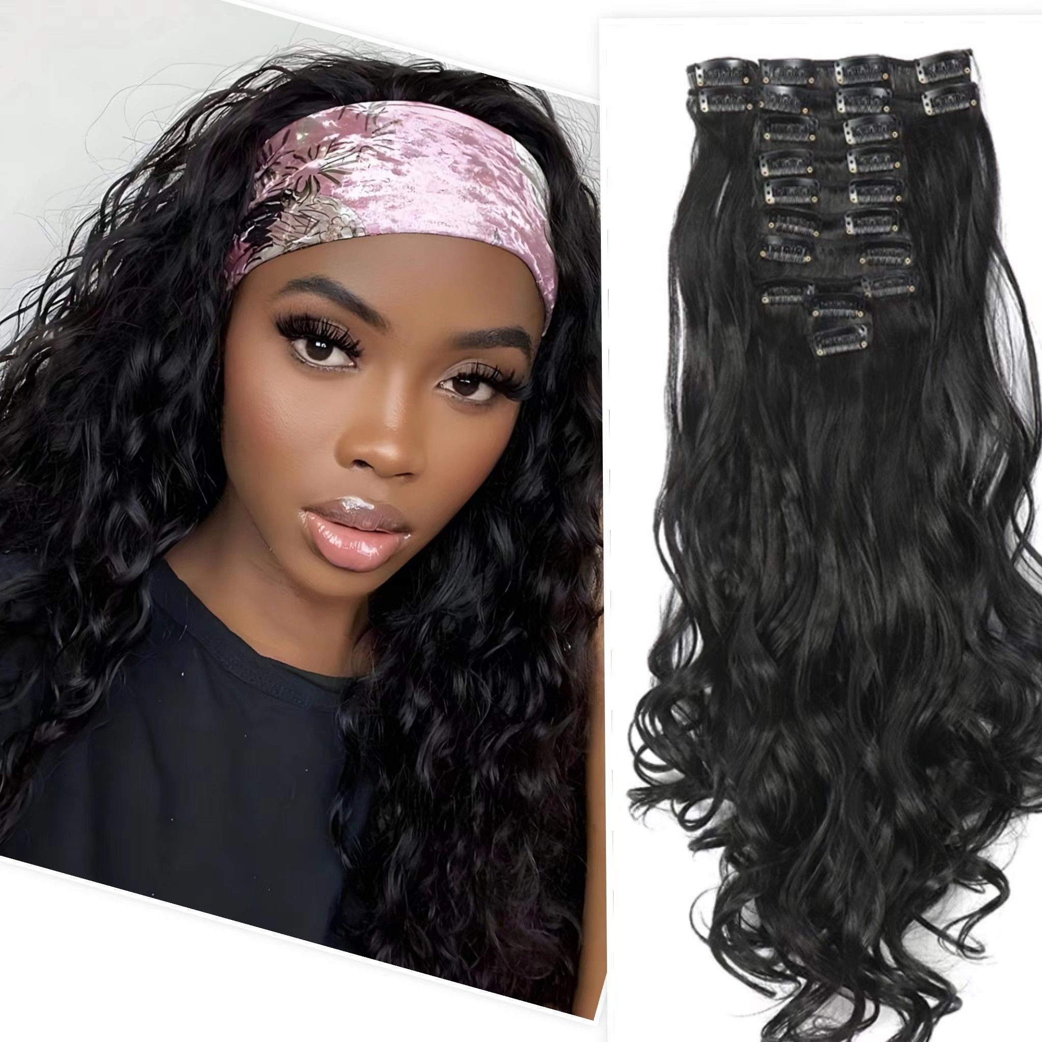 26“ Africa wig synthetic 12pcs clip hair extension water wave black hair extension