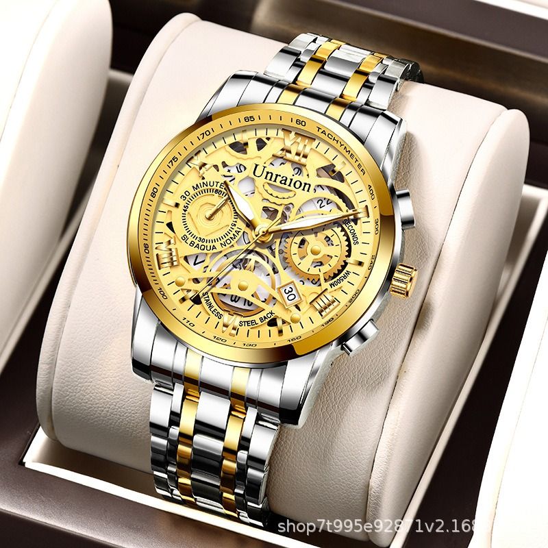 2024 New Africa Fashion Unraion Fully Automatic Watch Men's Calendar Glow-in-the-dark Non-mechanical Watch Hollow Business Quartz Watch 30m Waterproof Student Watch