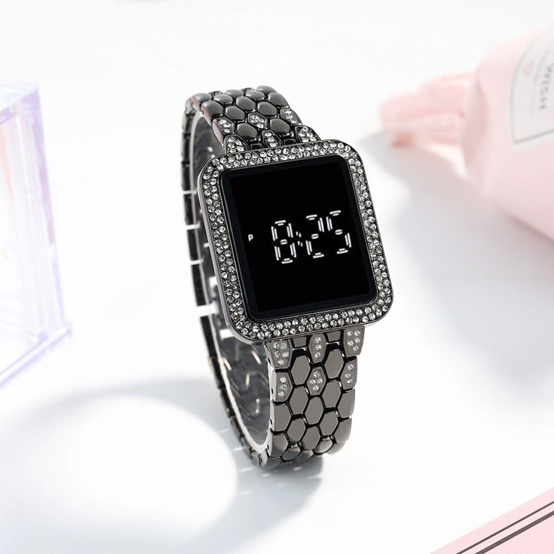 2024 Africa Luxury Inlaid Diamonds Stainless Steel Band Led Touch Screen Women's Electronic Square Watches Shiny Crystal Bands Digital Dial Ladies Girls Students Versatile Fashion Watches