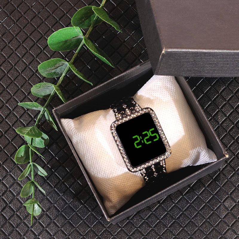 2024 Africa Luxury Inlaid Diamonds Stainless Steel Band Led Touch Screen Women's Electronic Square Watches Shiny Crystal Bands Digital Dial Ladies Girls Students Versatile Fashion Watches