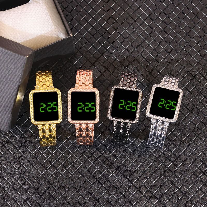 2024 Africa Luxury Inlaid Diamonds Stainless Steel Band Led Touch Screen Women's Electronic Square Watches Shiny Crystal Bands Digital Dial Ladies Girls Students Versatile Fashion Watches