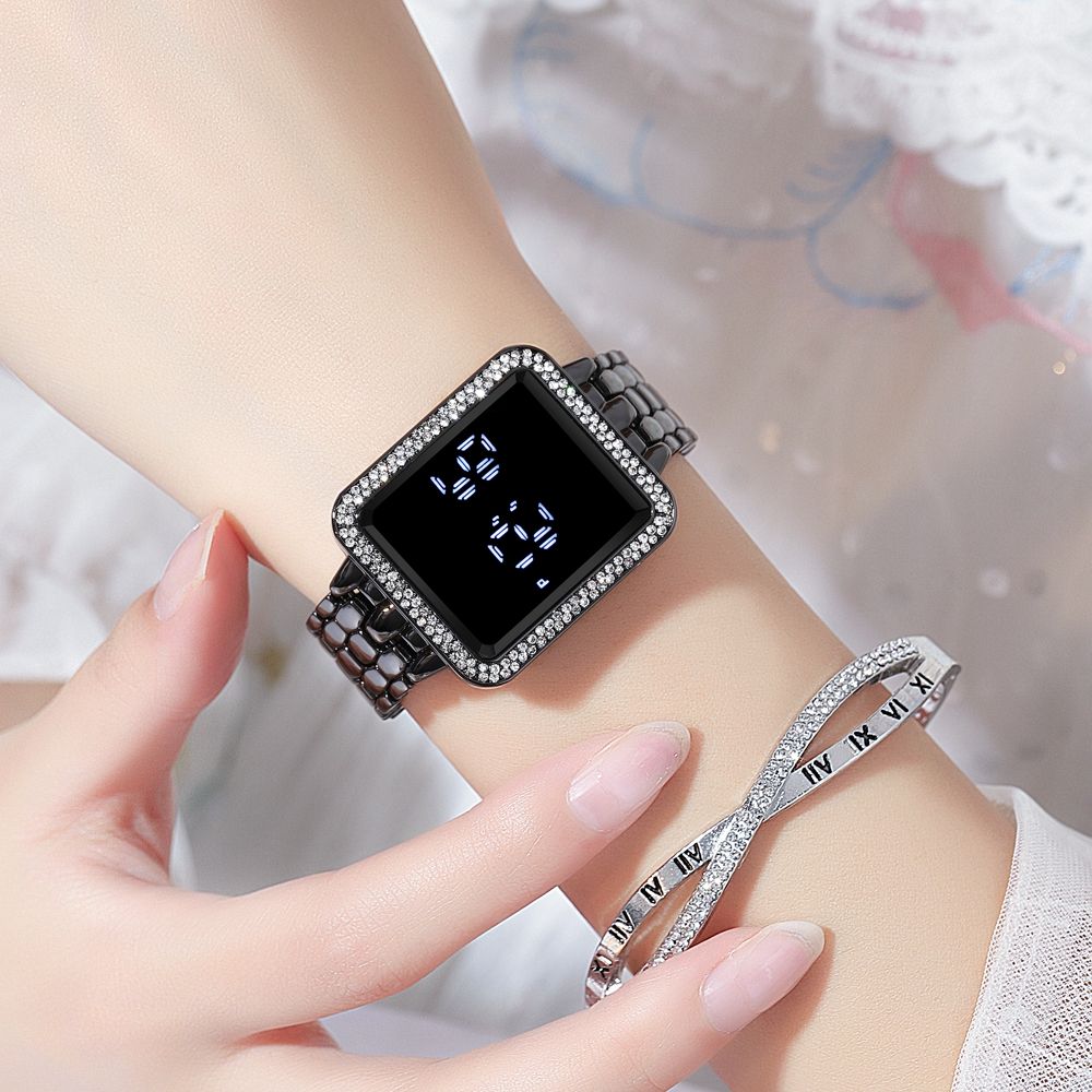 2024 Africa Luxury Inlaid Diamonds Stainless Steel Band Led Touch Screen Women's Electronic Square Watches Shiny Crystal Bands Digital Dial Ladies Girls Students Versatile Fashion Watches