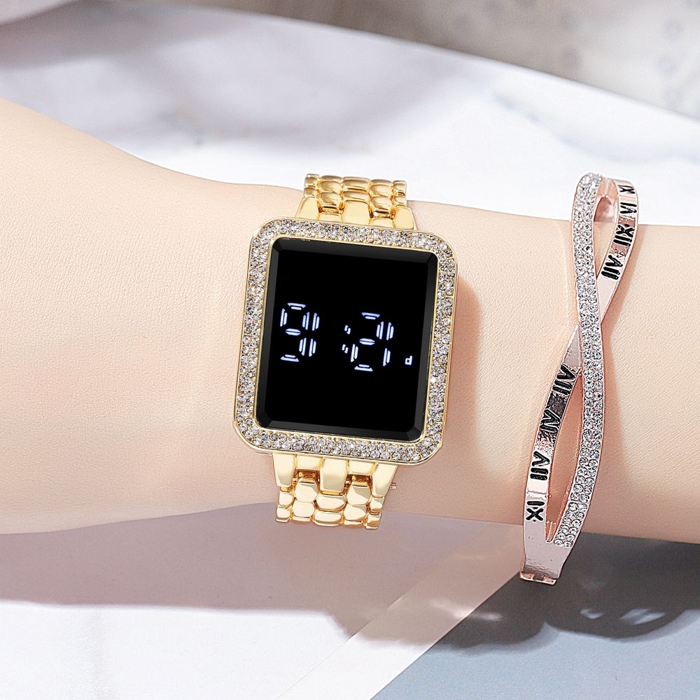2024 Africa Luxury Inlaid Diamonds Stainless Steel Band Led Touch Screen Women's Electronic Square Watches Shiny Crystal Bands Digital Dial Ladies Girls Students Versatile Fashion Watches