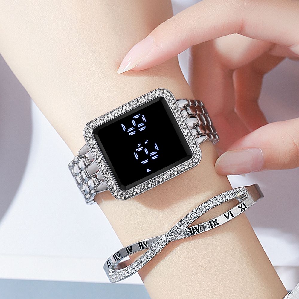 2024 Africa Luxury Inlaid Diamonds Stainless Steel Band Led Touch Screen Women's Electronic Square Watches Shiny Crystal Bands Digital Dial Ladies Girls Students Versatile Fashion Watches