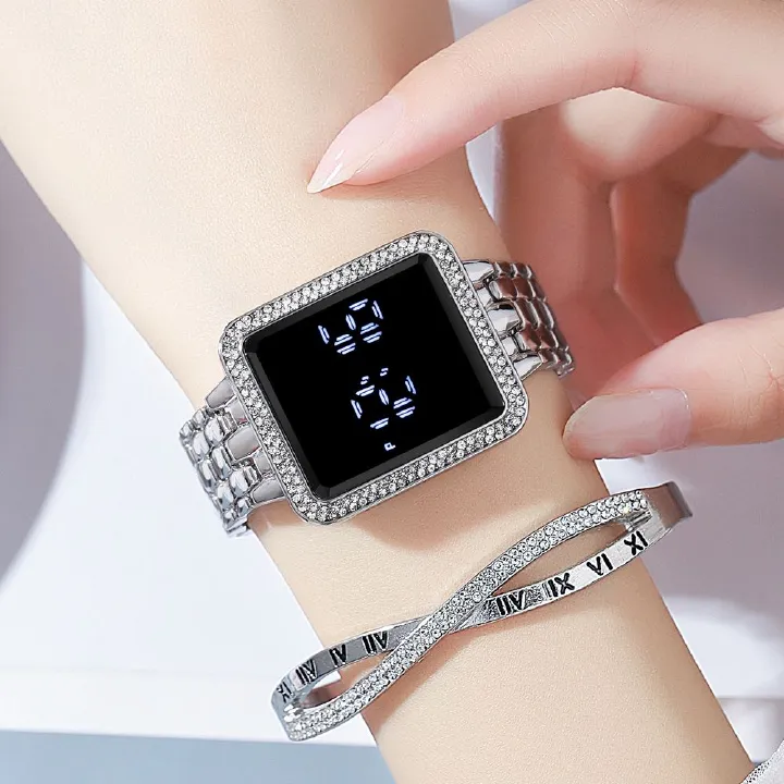 2024 Africa Luxury Inlaid Diamonds Stainless Steel Band Led Touch Screen Women's Electronic Square Watches Shiny Crystal Bands Digital Dial Ladies Girls Students Versatile Fashion Watches