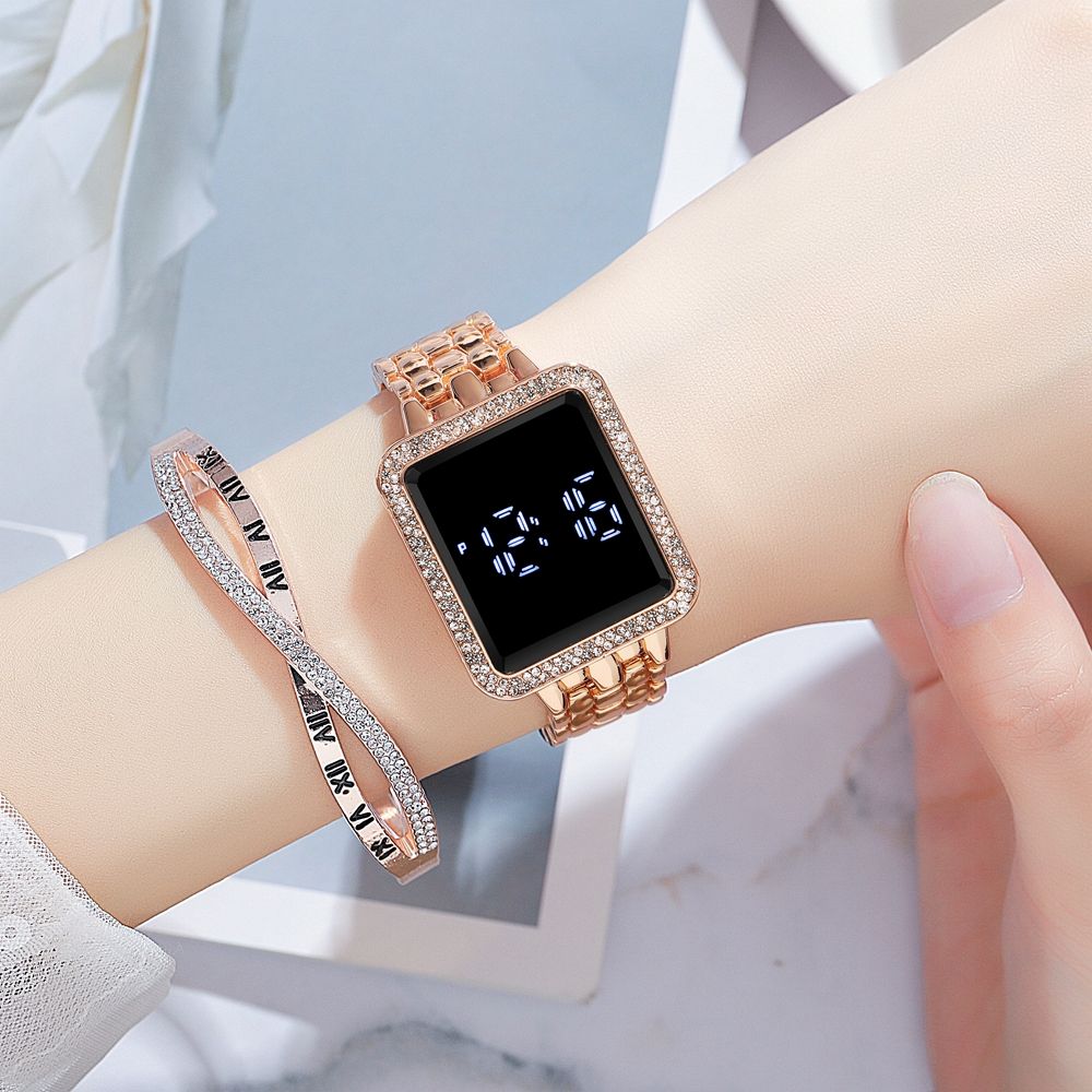 2024 Africa Luxury Inlaid Diamonds Stainless Steel Band Led Touch Screen Women's Electronic Square Watches Shiny Crystal Bands Digital Dial Ladies Girls Students Versatile Fashion Watches