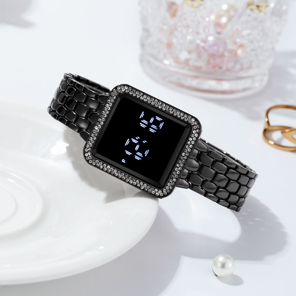 2024 Africa Luxury Inlaid Diamonds Stainless Steel Band Led Touch Screen Women's Electronic Square Watches Shiny Crystal Bands Digital Dial Ladies Girls Students Versatile Fashion Watches