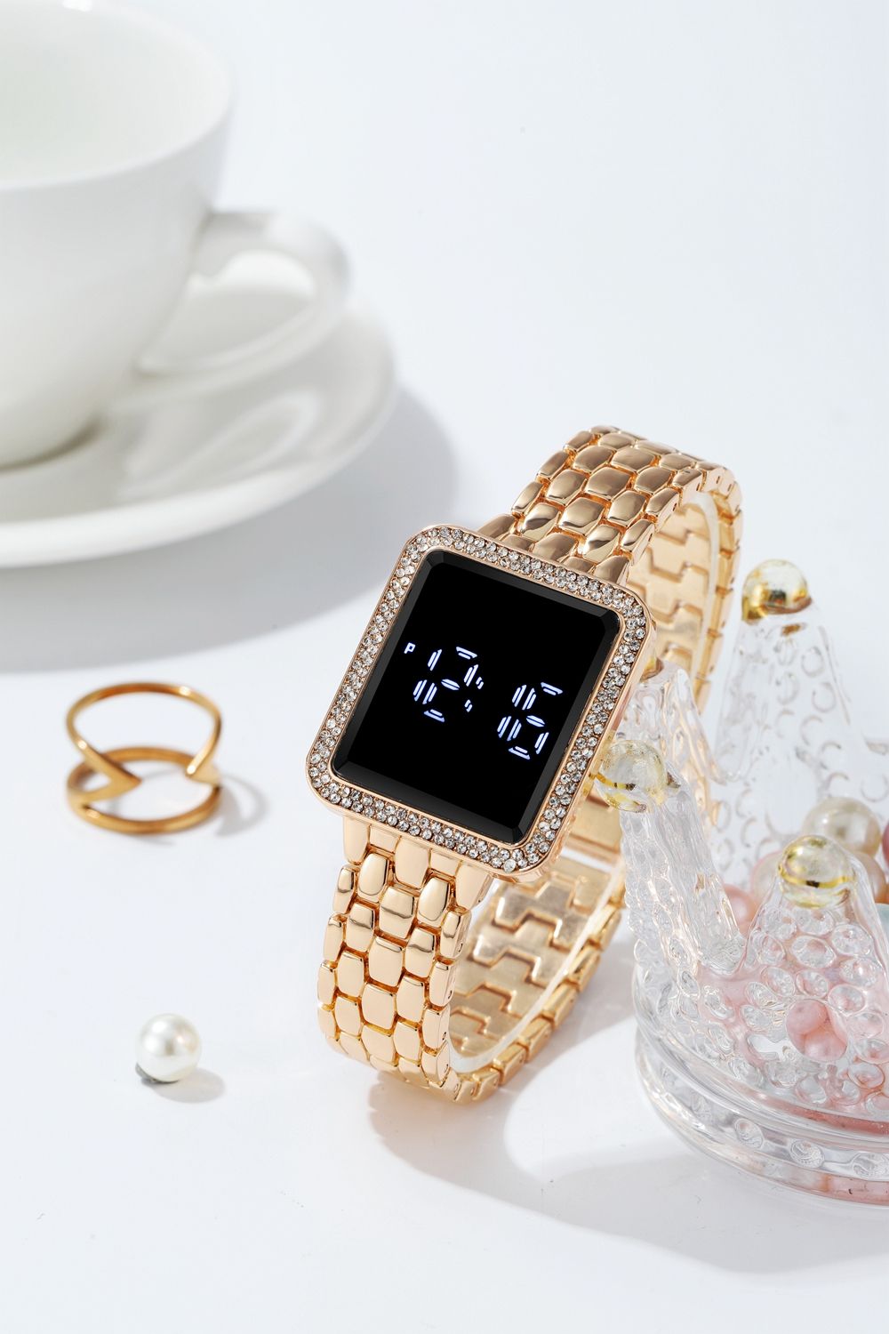 2024 Africa Luxury Inlaid Diamonds Stainless Steel Band Led Touch Screen Women's Electronic Square Watches Shiny Crystal Bands Digital Dial Ladies Girls Students Versatile Fashion Watches