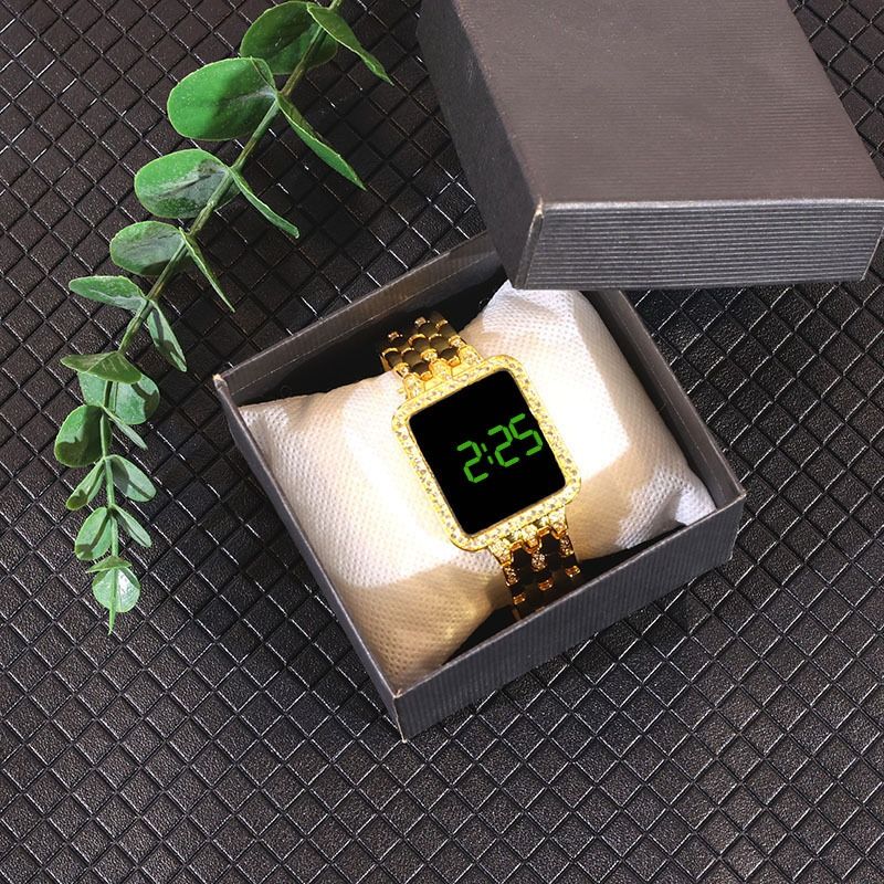 2024 Africa Luxury Inlaid Diamonds Stainless Steel Band Led Touch Screen Women's Electronic Square Watches Shiny Crystal Bands Digital Dial Ladies Girls Students Versatile Fashion Watches