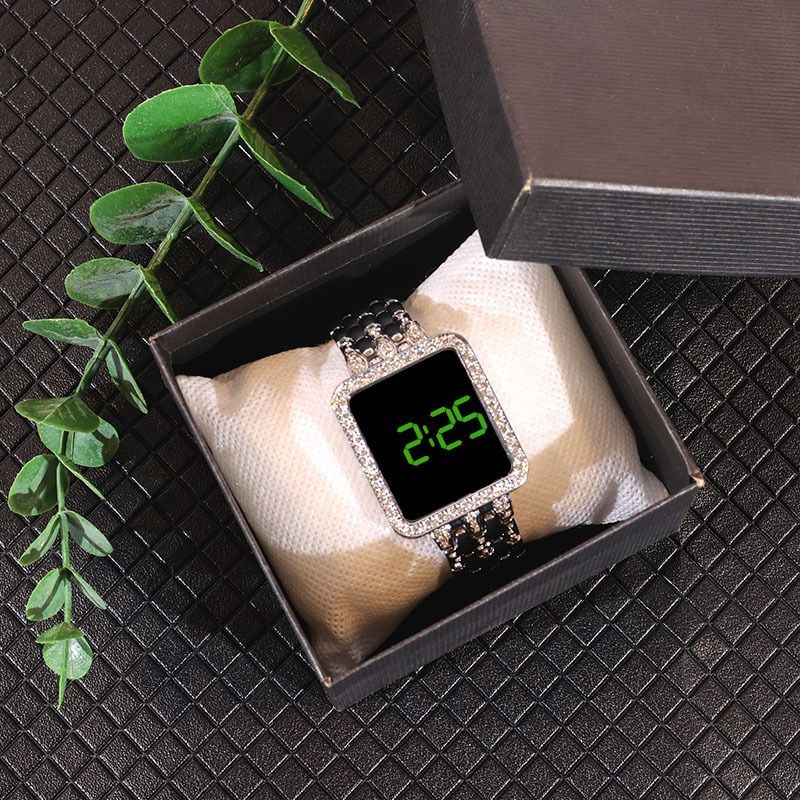 2024 Africa Luxury Inlaid Diamonds Stainless Steel Band Led Touch Screen Women's Electronic Square Watches Shiny Crystal Bands Digital Dial Ladies Girls Students Versatile Fashion Watches