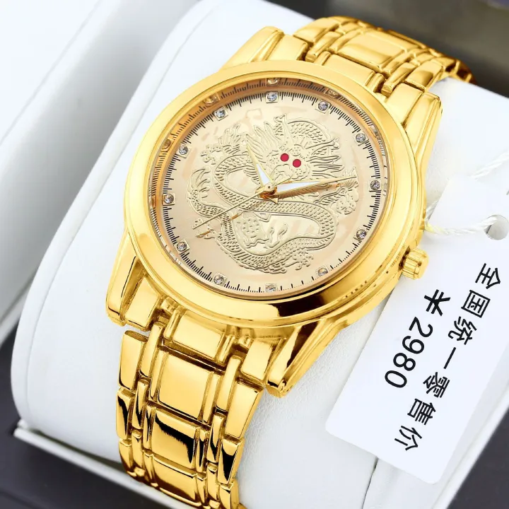 Swiss Brand Authentic Quartz Watch Men's Watch Dragon Gold Set with Diamond Waterproof Steel Band Watch Quartz Watch Men's Watch Fashion Watch Trendy Men's Personality Gold Watch