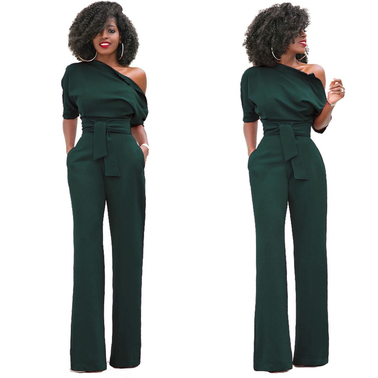 2024 Africa European American Summer Fashion Women Suits Off Shoulder Short Sleeve Loose Lady Jumpsuit Classic Solid Color Diagonal Collar Buttoned Wide Leg Pants Girls Office Ladies Clothes