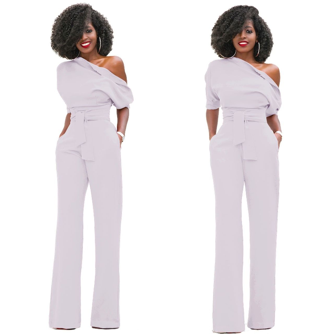 2024 Africa European American Summer Fashion Women Suits Off Shoulder Short Sleeve Loose Lady Jumpsuit Classic Solid Color Diagonal Collar Buttoned Wide Leg Pants Girls Office Ladies Clothes