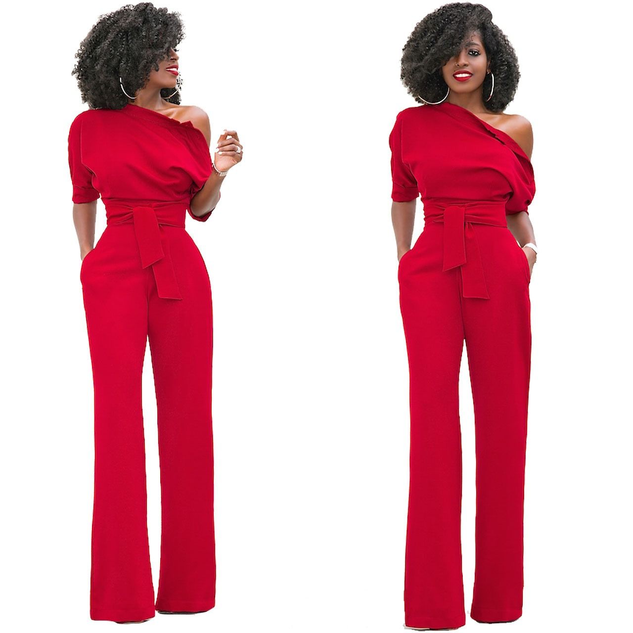 2024 Africa European American Summer Fashion Women Suits Off Shoulder Short Sleeve Loose Lady Jumpsuit Classic Solid Color Diagonal Collar Buttoned Wide Leg Pants Girls Office Ladies Clothes