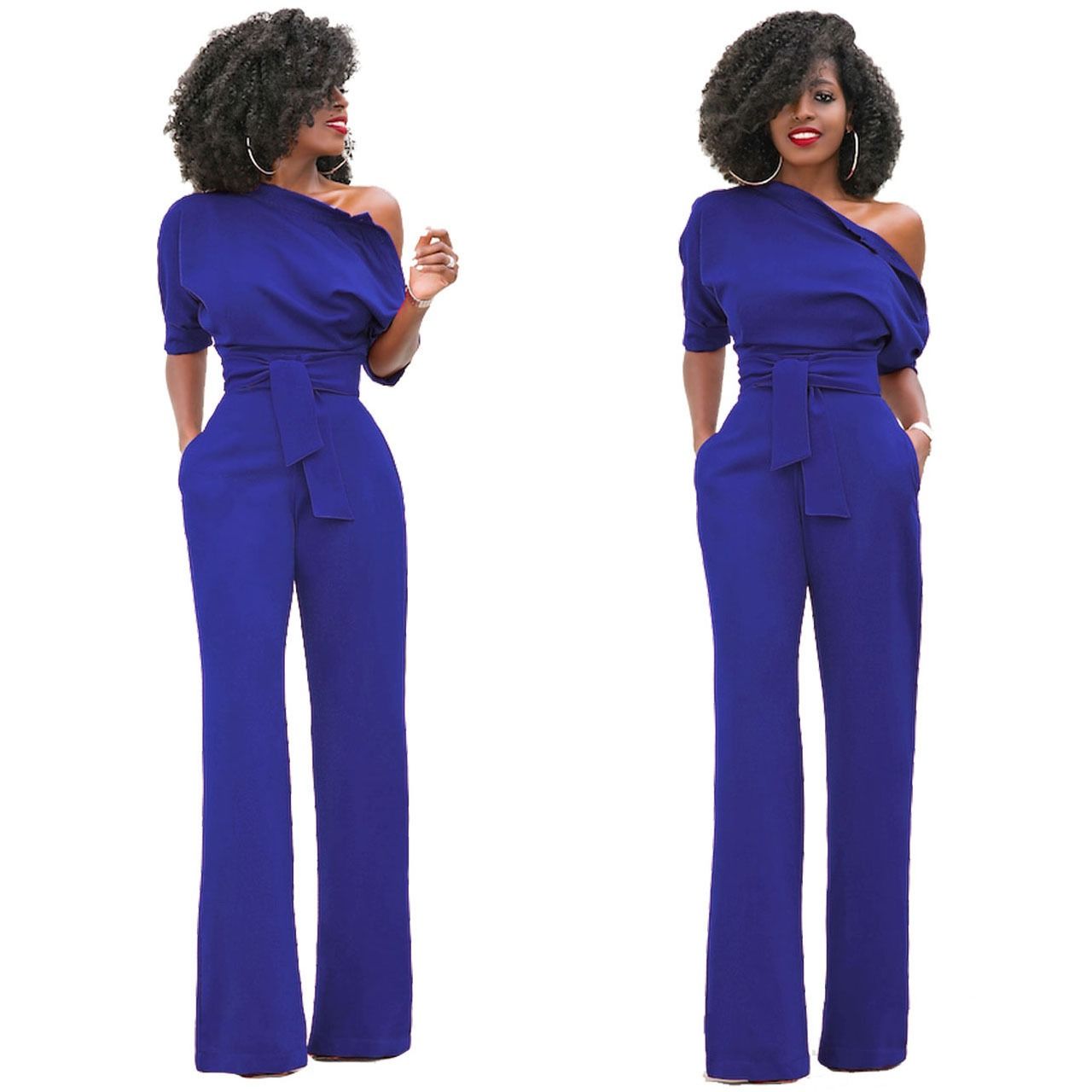 2024 Africa European American Summer Fashion Women Suits Off Shoulder Short Sleeve Loose Lady Jumpsuit Classic Solid Color Diagonal Collar Buttoned Wide Leg Pants Girls Office Ladies Clothes