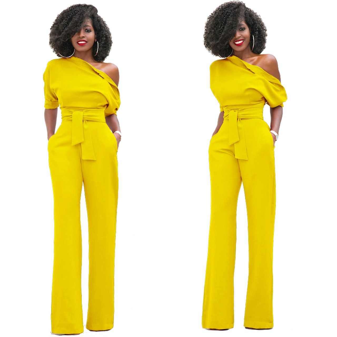 2024 Africa European American Summer Fashion Women Suits Off Shoulder Short Sleeve Loose Lady Jumpsuit Classic Solid Color Diagonal Collar Buttoned Wide Leg Pants Girls Office Ladies Clothes