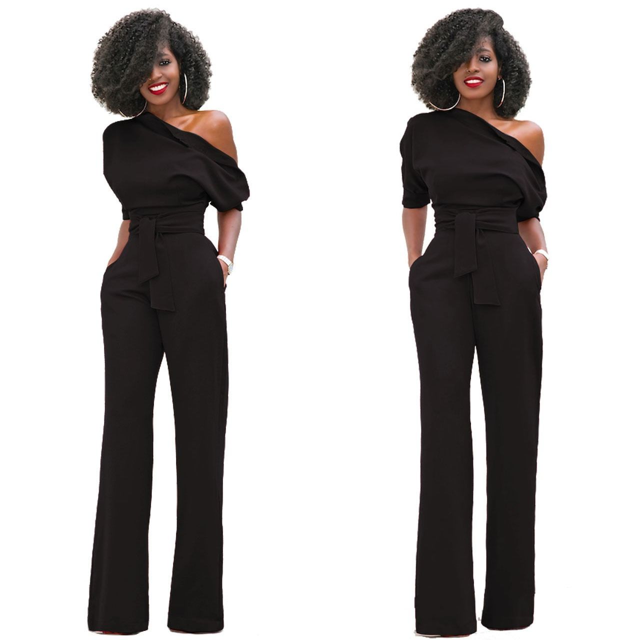 2024 Africa European American Summer Fashion Women Suits Off Shoulder Short Sleeve Loose Lady Jumpsuit Classic Solid Color Diagonal Collar Buttoned Wide Leg Pants Girls Office Ladies Clothes