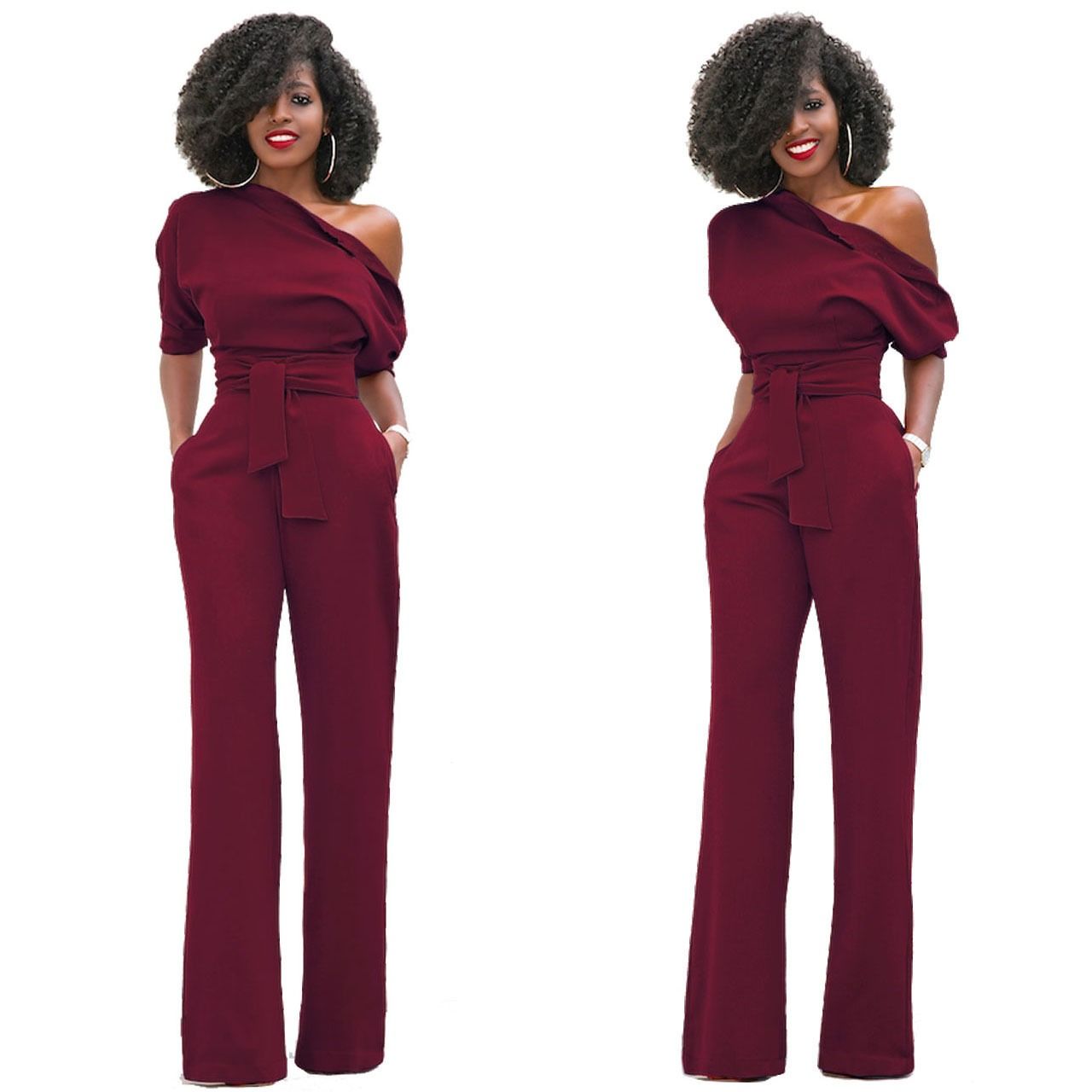2024 Africa European American Summer Fashion Women Suits Off Shoulder Short Sleeve Loose Lady Jumpsuit Classic Solid Color Diagonal Collar Buttoned Wide Leg Pants Girls Office Ladies Clothes