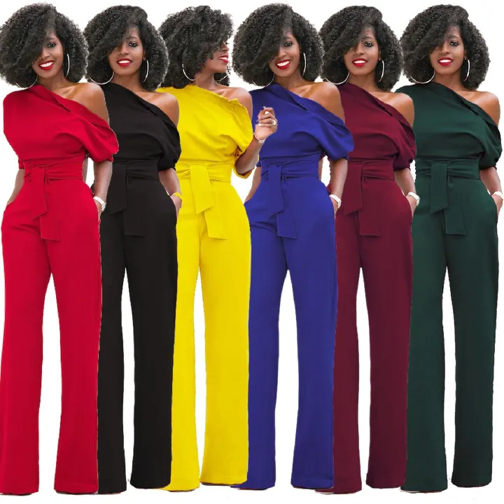 2024 Africa European American Summer Fashion Women Suits Off Shoulder Short Sleeve Loose Lady Jumpsuit Classic Solid Color Diagonal Collar Buttoned Wide Leg Pants Girls Office Ladies Clothes