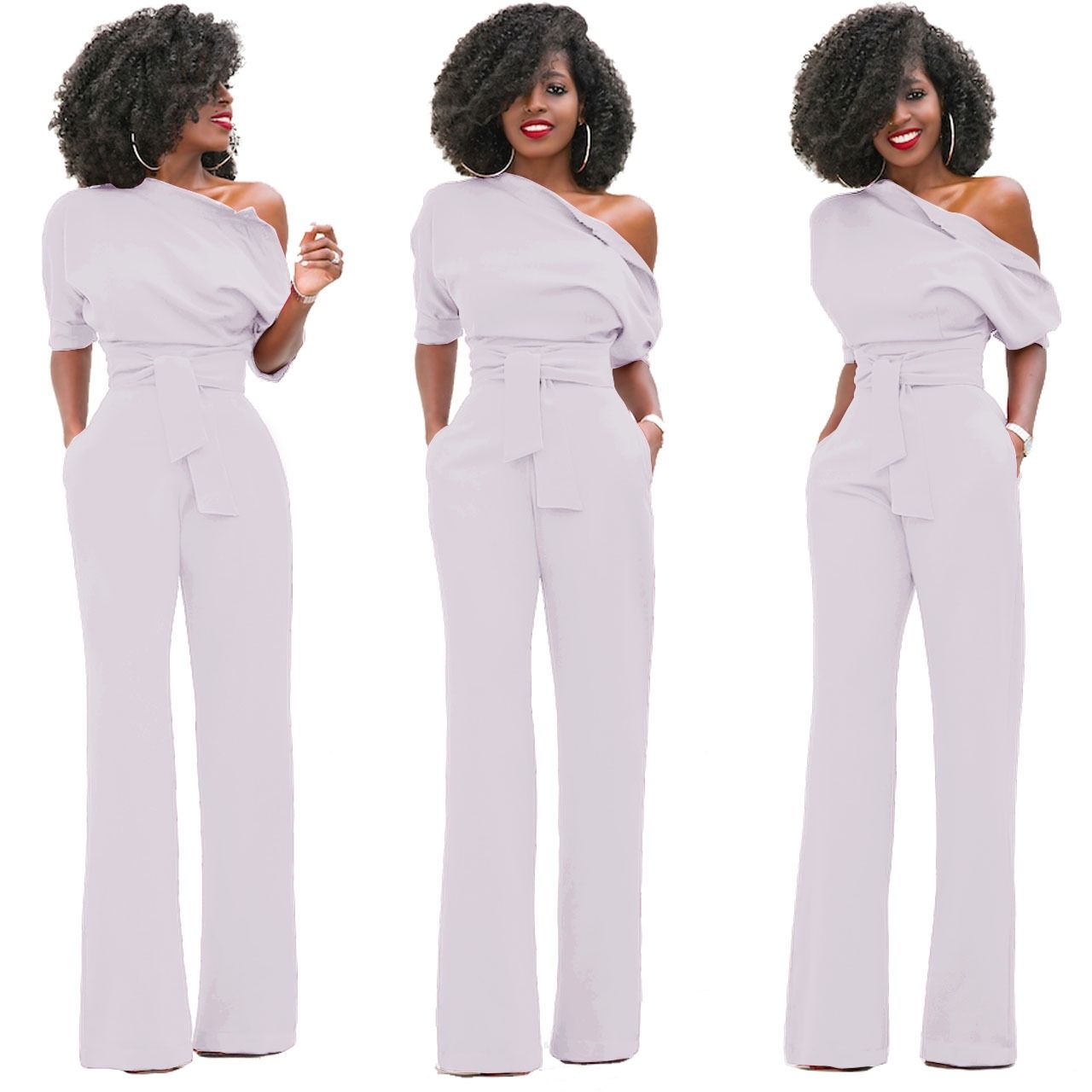 2024 Africa European American Summer Fashion Women Suits Off Shoulder Short Sleeve Loose Lady Jumpsuit Classic Solid Color Diagonal Collar Buttoned Wide Leg Pants Girls Office Ladies Clothes