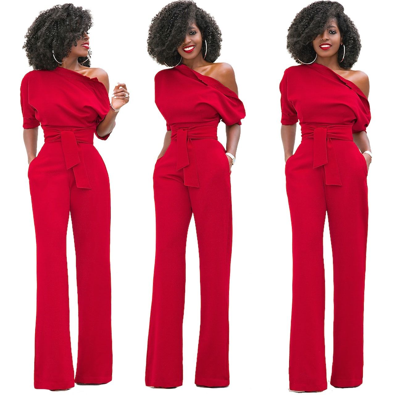 2024 Africa European American Summer Fashion Women Suits Off Shoulder Short Sleeve Loose Lady Jumpsuit Classic Solid Color Diagonal Collar Buttoned Wide Leg Pants Girls Office Ladies Clothes