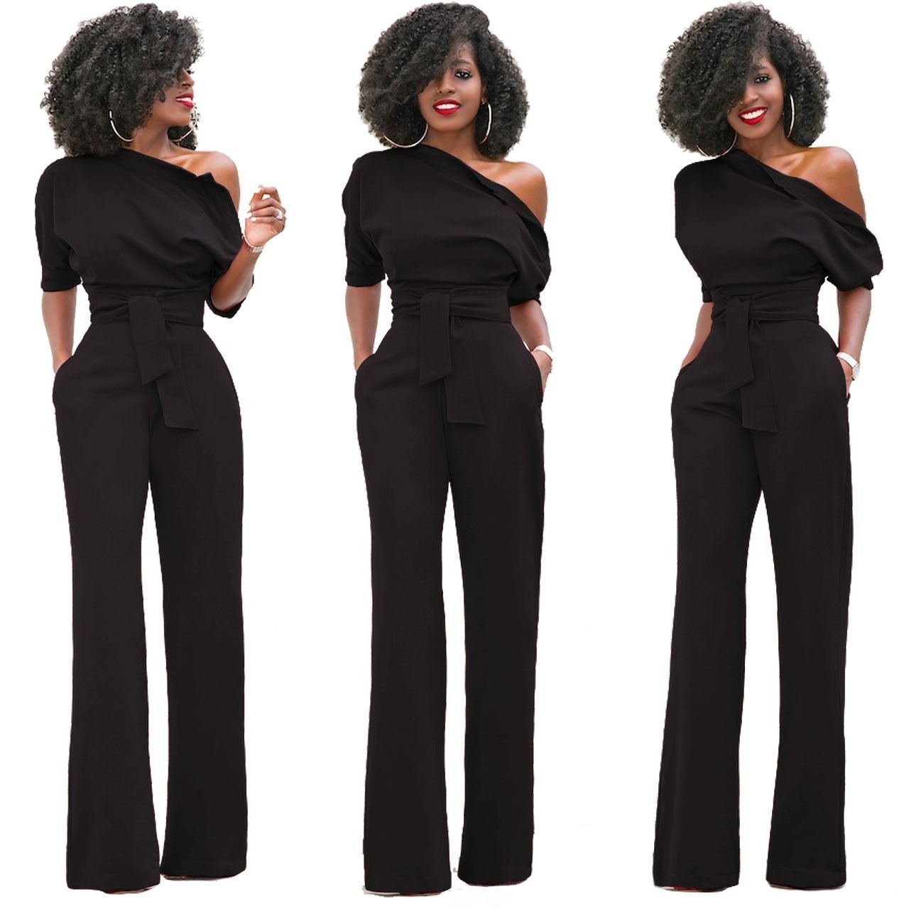 2024 Africa European American Summer Fashion Women Suits Off Shoulder Short Sleeve Loose Lady Jumpsuit Classic Solid Color Diagonal Collar Buttoned Wide Leg Pants Girls Office Ladies Clothes