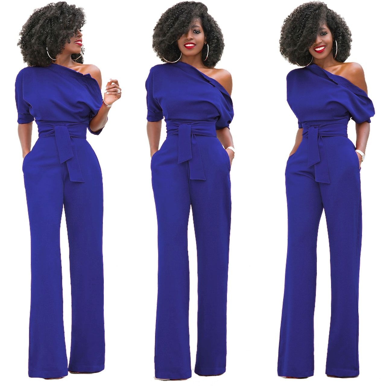 2024 Africa European American Summer Fashion Women Suits Off Shoulder Short Sleeve Loose Lady Jumpsuit Classic Solid Color Diagonal Collar Buttoned Wide Leg Pants Girls Office Ladies Clothes