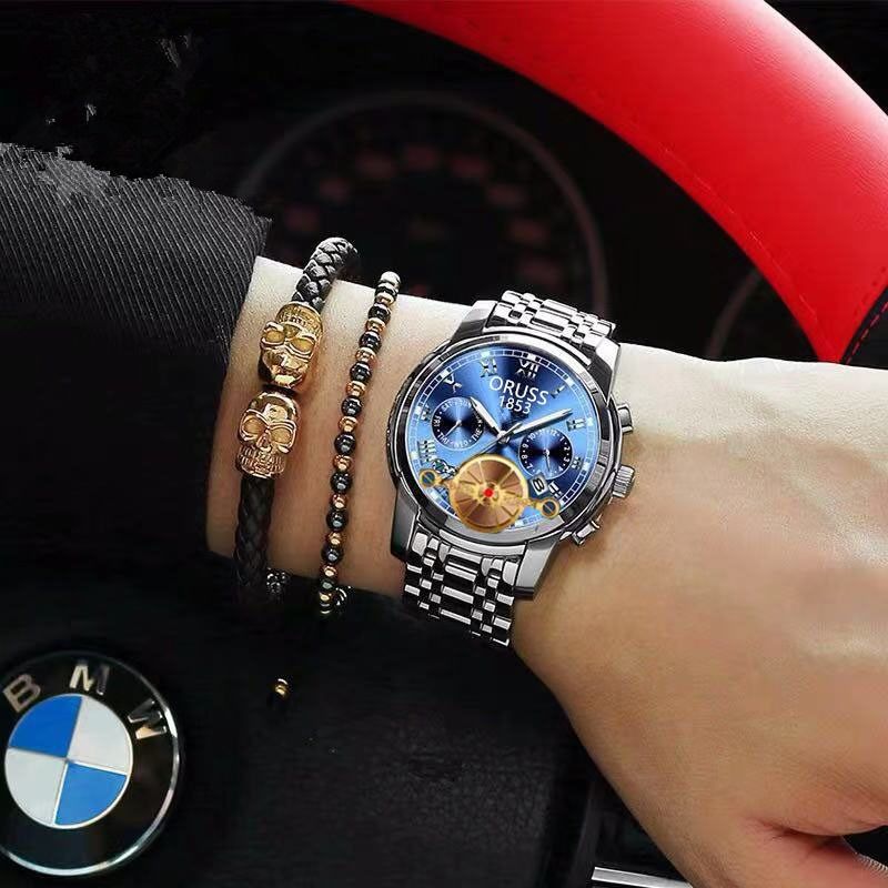 2024Authentic Men's Fully Automatic Movement Watch Business Men's Watch Waterproof Night Glow Fashion Watch Hollow Gold Tourbillon Tidal Men's Cyclone Solid Steel Band Quartz Watch