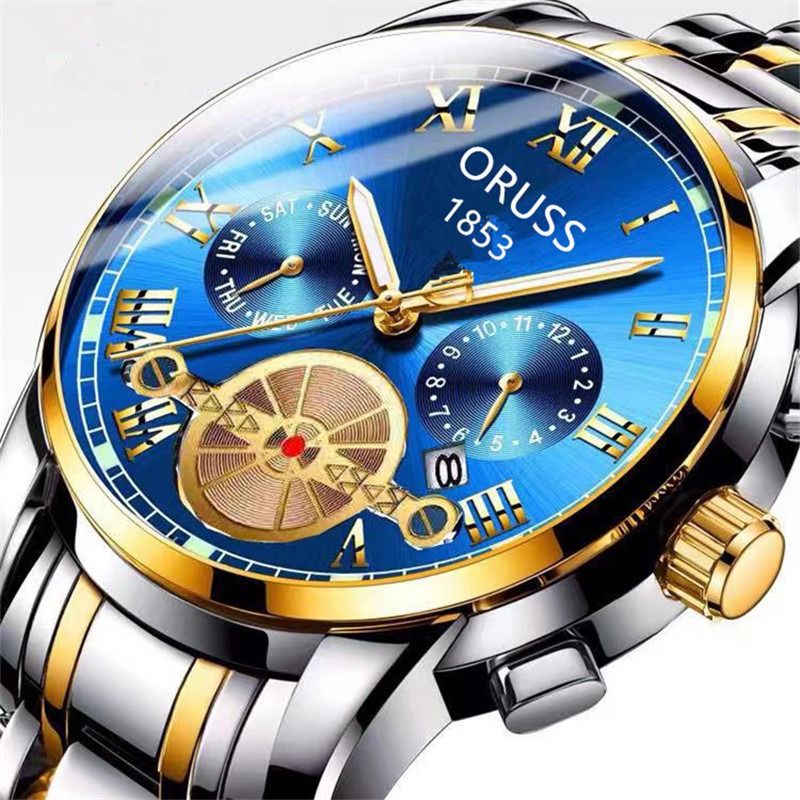 2024Authentic Men's Fully Automatic Movement Watch Business Men's Watch Waterproof Night Glow Fashion Watch Hollow Gold Tourbillon Tidal Men's Cyclone Solid Steel Band Quartz Watch
