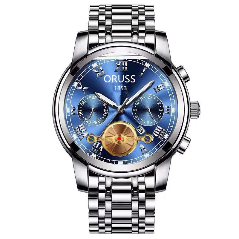 2024Authentic Men's Fully Automatic Movement Watch Business Men's Watch Waterproof Night Glow Fashion Watch Hollow Gold Tourbillon Tidal Men's Cyclone Solid Steel Band Quartz Watch