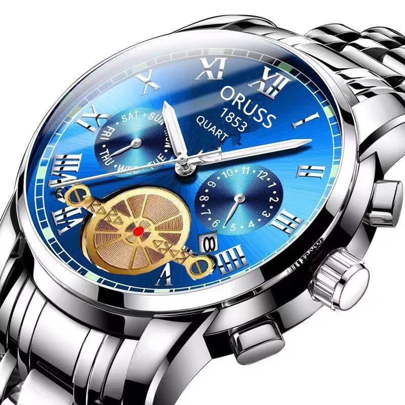 2024Authentic Men's Fully Automatic Movement Watch Business Men's Watch Waterproof Night Glow Fashion Watch Hollow Gold Tourbillon Tidal Men's Cyclone Solid Steel Band Quartz Watch