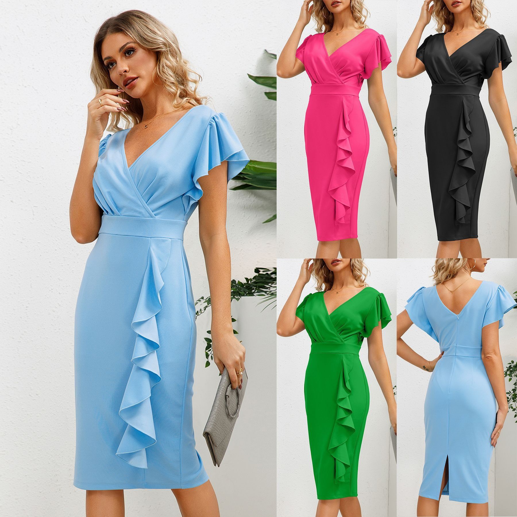 2024 African Fashion Women's Professional Dress European And American Summer New Women's V-neck Ruffled Edge Slim Fit Temperament Dress Slim Fit Sexy High Waist Dress
