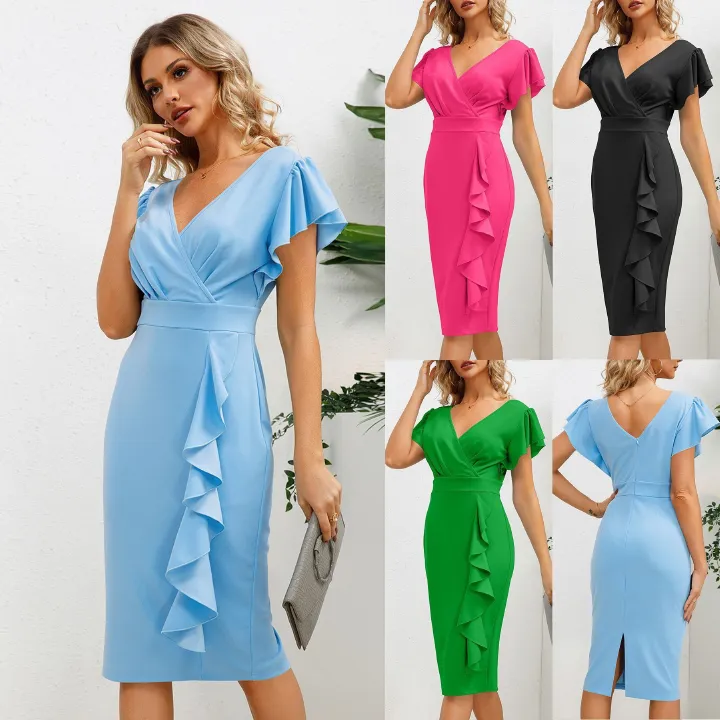 2024 African Fashion Women's Professional Dress European And American Summer New Women's V-neck Ruffled Edge Slim Fit Temperament Dress Slim Fit Sexy High Waist Dress