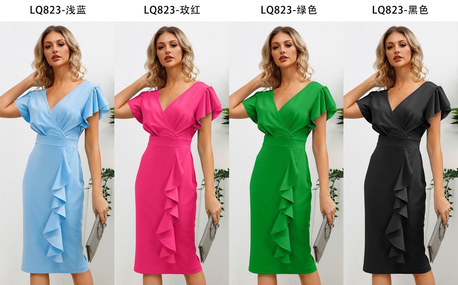 2024 African Fashion Women's Professional Dress European And American Summer New Women's V-neck Ruffled Edge Slim Fit Temperament Dress Slim Fit Sexy High Waist Dress
