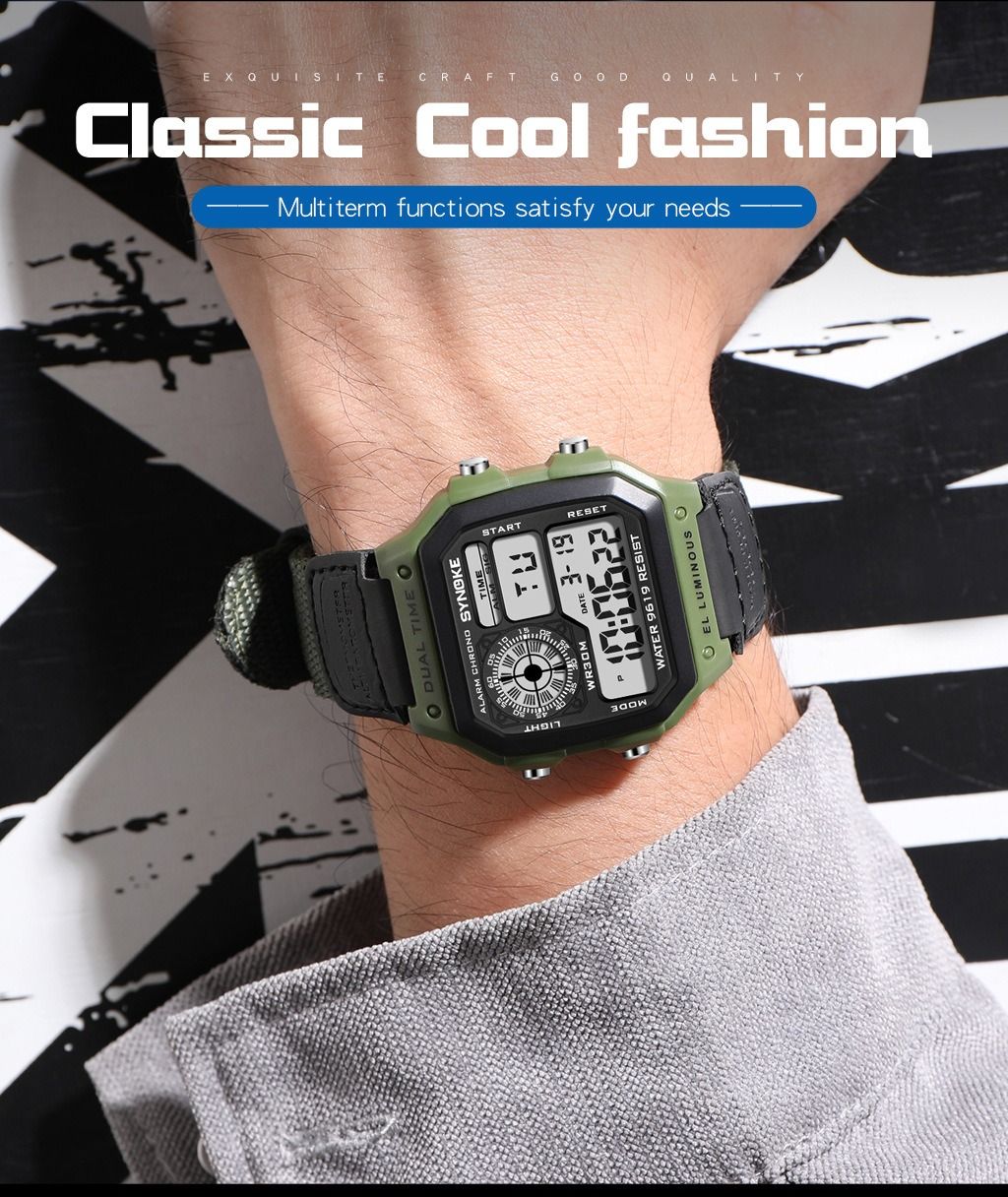2024 Nylon Canvas Strap Watch Vintage Electronic Watch Luminous Watch Waterproof Sports Men's Lightweight Watch Square Classic Student Watch Men's Watch Fashionable Retro Watch Stopwatch Timer