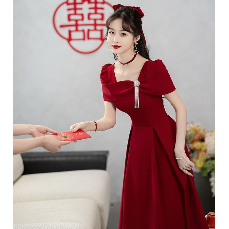 Wedding Concerts Parties Celebrations Women Evening Dress 2024 Summer Toast Bride Engagement Wine Red Dress French High-end Evening Dress Three-dimensional Cutting Technology Diamond Elements