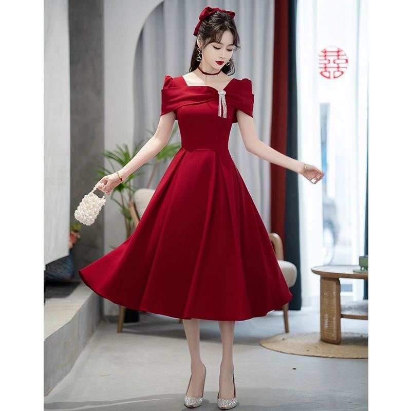 Wedding Concerts Parties Celebrations Women Evening Dress 2024 Summer Toast Bride Engagement Wine Red Dress French High-end Evening Dress Three-dimensional Cutting Technology Diamond Elements