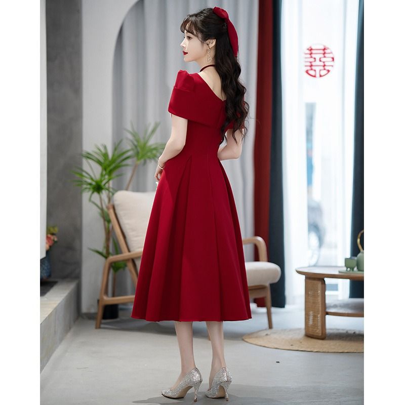 Wedding Concerts Parties Celebrations Women Evening Dress 2024 Summer Toast Bride Engagement Wine Red Dress French High-end Evening Dress Three-dimensional Cutting Technology Diamond Elements